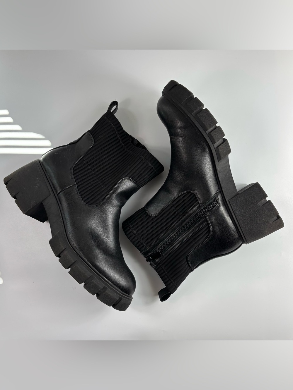 Torrid Black Faux Leather Block Heel Chunky Lug Sole Chelsea Sock Boots Sz 11WW